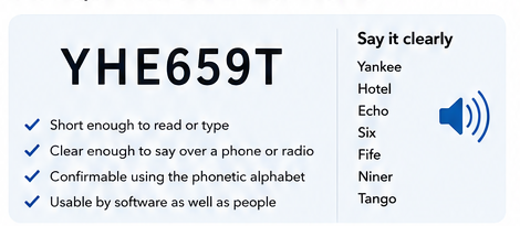 Example QuodWords code YHE659T with phonetic readback Yankee Hotel Echo Six Fife Niner Tango.